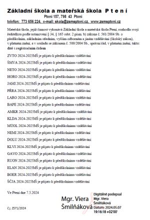 Rozhodnutí o přijetí k předškolnímu vzdělávání 2024/2025