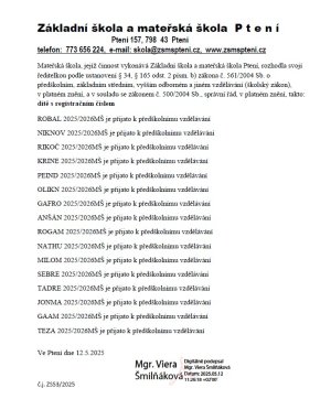 Rozhodnutí o přijetí k předškolnímu vzdělávání pro šk. rok 2025/2026